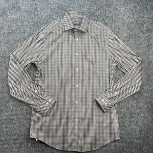 Michael Kors Shirt Men 15 32/33 Medium Brown Plaid Slim Fit Travel Stretch